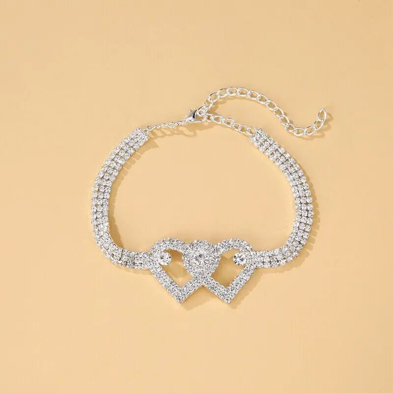 Double Heart Anklet Bracelet Love Barefoot Chain Bling Crystal Ankle Bracelet US